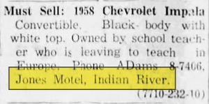 Indian River Motel and Cottages - Jun 30 1960 Ad For Car (newer photo)